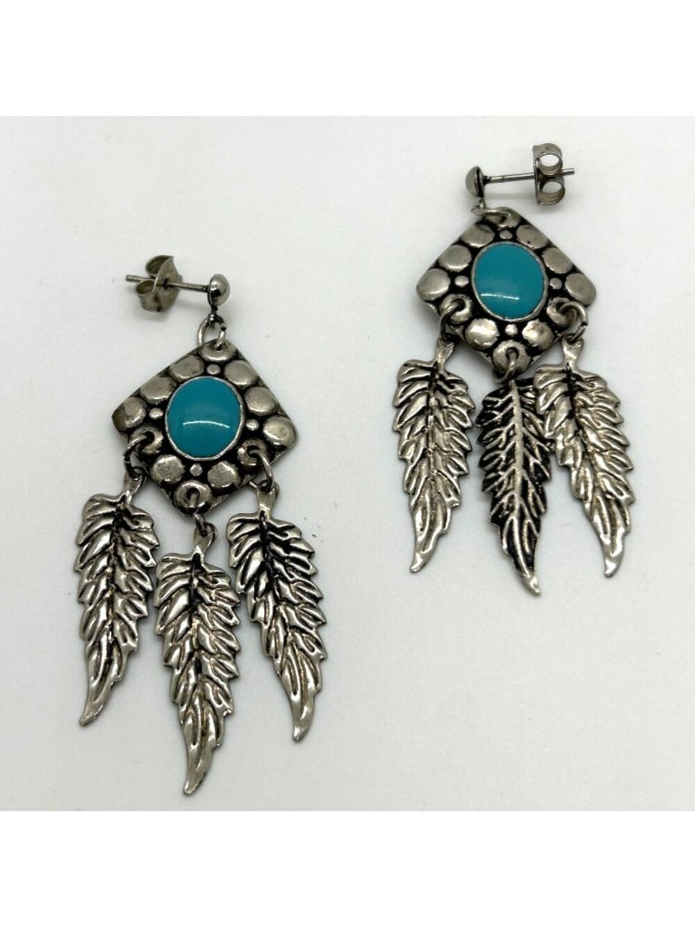 Vintage Southwestern Earrings Turquoise Enamel Centers Feathers Boho 2.25 inches